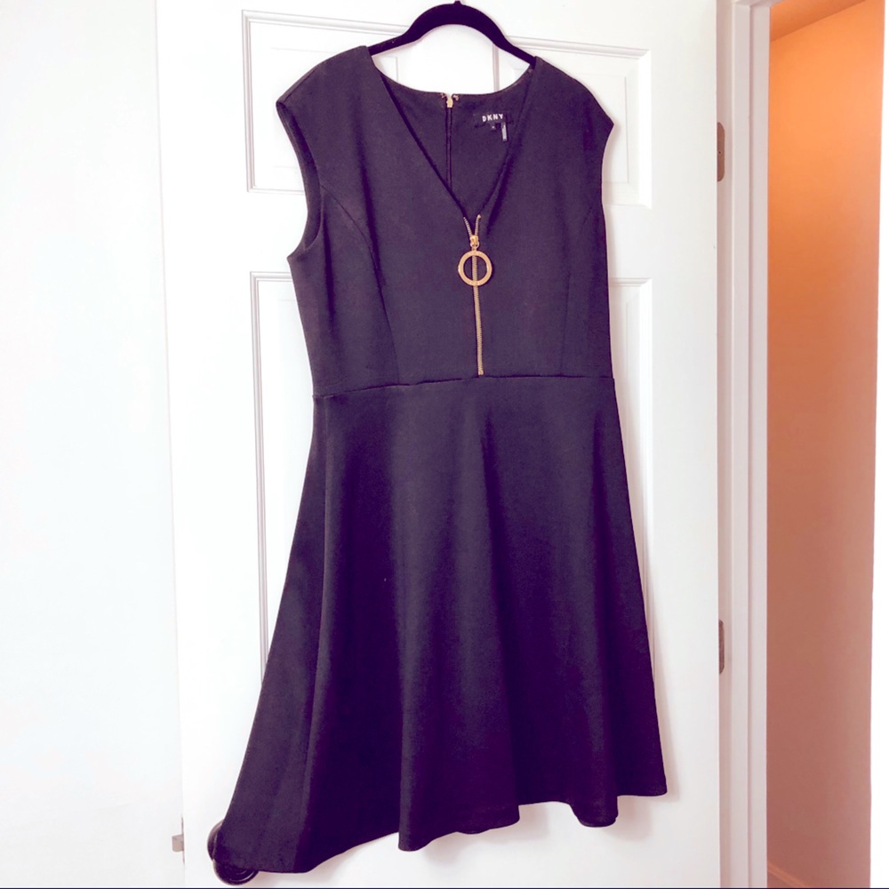 DKNY Fit and flare black scuba dress gold zipper
